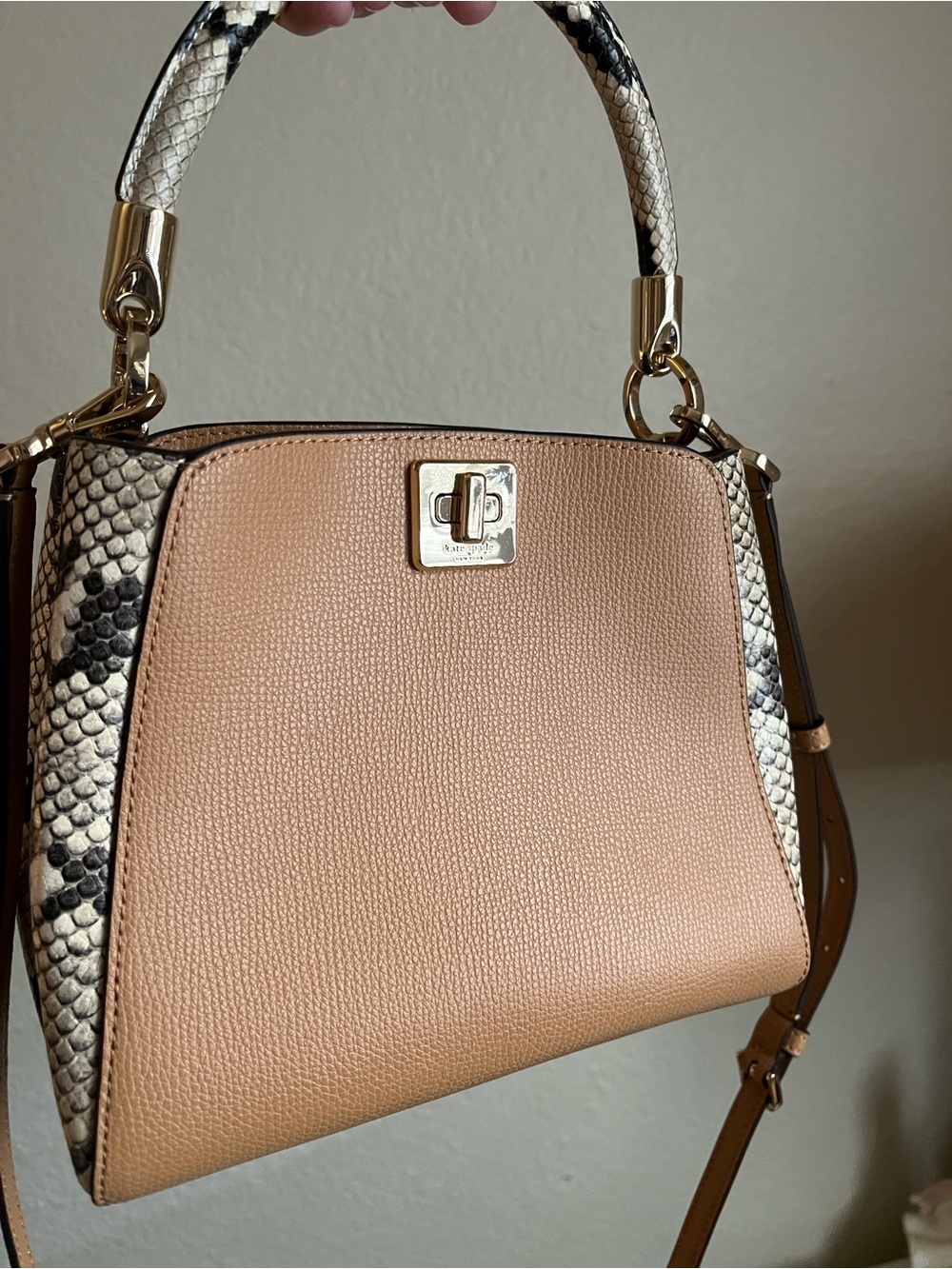 NWOT Kate Spade Pebbled Taupe Satchel with Snake-Print Trim and Gold Hardware